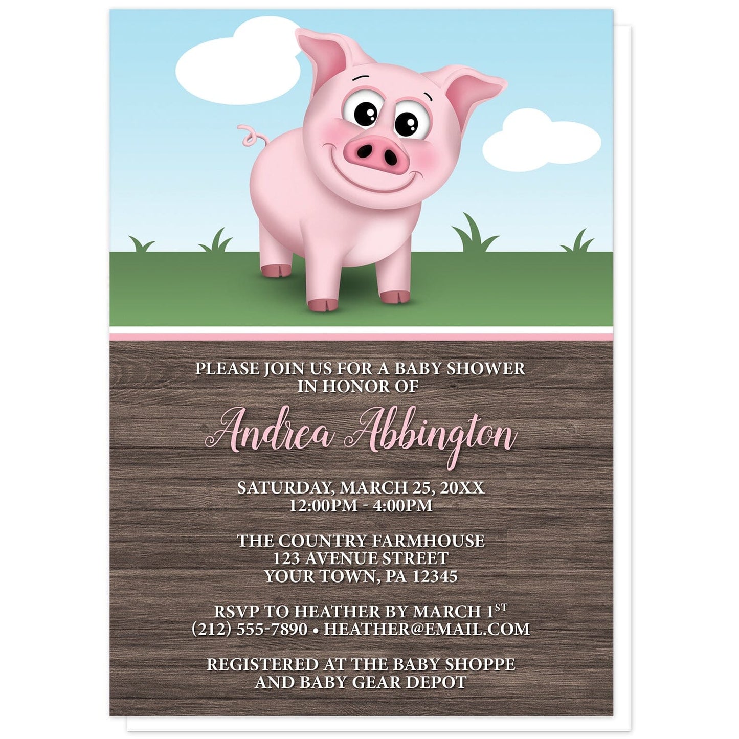 Happy Pink Pig on the Farm Baby Shower Invitations at Artistically Invited. Happy pink pig on the farm baby shower invitations illustrated with a cute and happy pink pig on the farm theme. This smiling pig is standing outside on the grass with a blue sky behind it. The personalized information you provide for your baby shower is arranged in pink and white over a rustic brown wood pattern background.