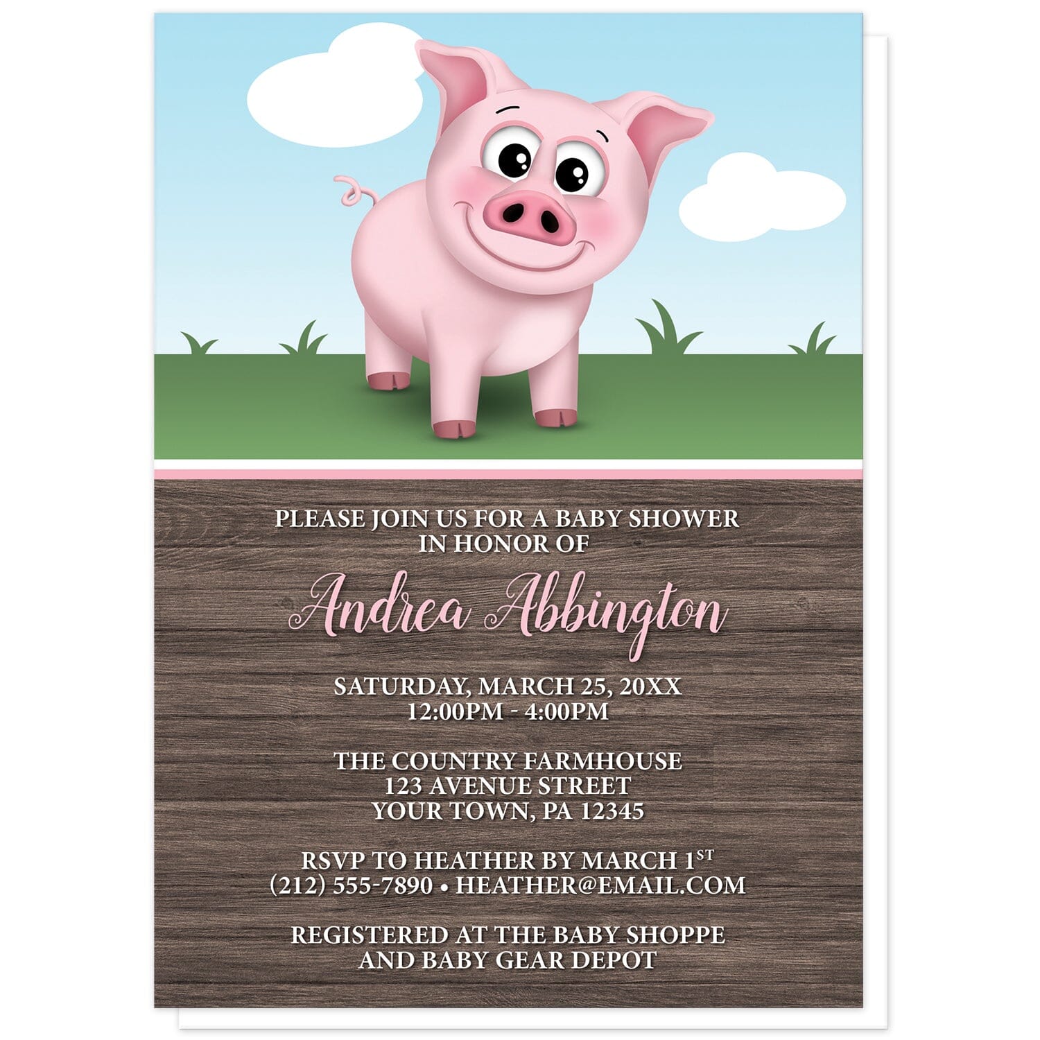 Happy Pink Pig on the Farm Baby Shower Invitations at Artistically Invited. Happy pink pig on the farm baby shower invitations illustrated with a cute and happy pink pig on the farm theme. This smiling pig is standing outside on the grass with a blue sky behind it. The personalized information you provide for your baby shower is arranged in pink and white over a rustic brown wood pattern background.