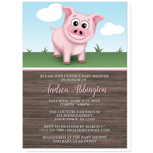 Happy Pink Pig on the Farm Baby Shower Invitations at Artistically Invited. Happy pink pig on the farm baby shower invitations illustrated with a cute and happy pink pig on the farm theme. This smiling pig is standing outside on the grass with a blue sky behind it. The personalized information you provide for your baby shower is custom printed in pink and white over a rustic brown wood pattern background.