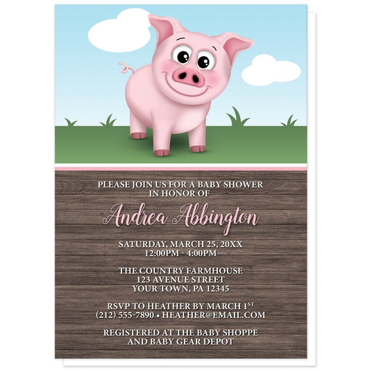 Happy Pink Pig on the Farm Baby Shower Invitations at Artistically Invited. Happy pink pig on the farm baby shower invitations illustrated with a cute and happy pink pig on the farm theme. This smiling pig is standing outside on the grass with a blue sky behind it. The personalized information you provide for your baby shower is arranged in pink and white over a rustic brown wood pattern background.