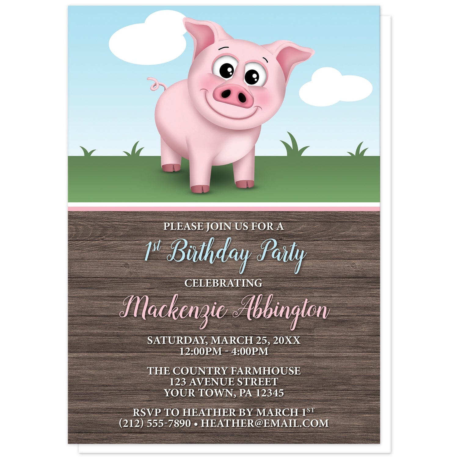 Happy Pink Pig on the Farm Birthday Party Invitations at Artistically Invited. Happy pink pig on the farm birthday party invitations illustrated with a cute and happy pink pig on the farm theme. This smiling pig is standing outside on the grass with a blue sky behind it. The personalized information you provide for your birthday party is arranged in pink and white over a rustic brown wood pattern background.
