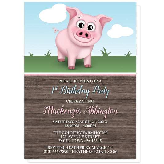 Happy Pink Pig on the Farm Birthday Party Invitations at Artistically Invited. Happy pink pig on the farm birthday party invitations illustrated with a cute and happy pink pig on the farm theme. This smiling pig is standing outside on the grass with a blue sky behind it. The personalized information you provide for your birthday party is arranged in pink and white over a rustic brown wood pattern background.