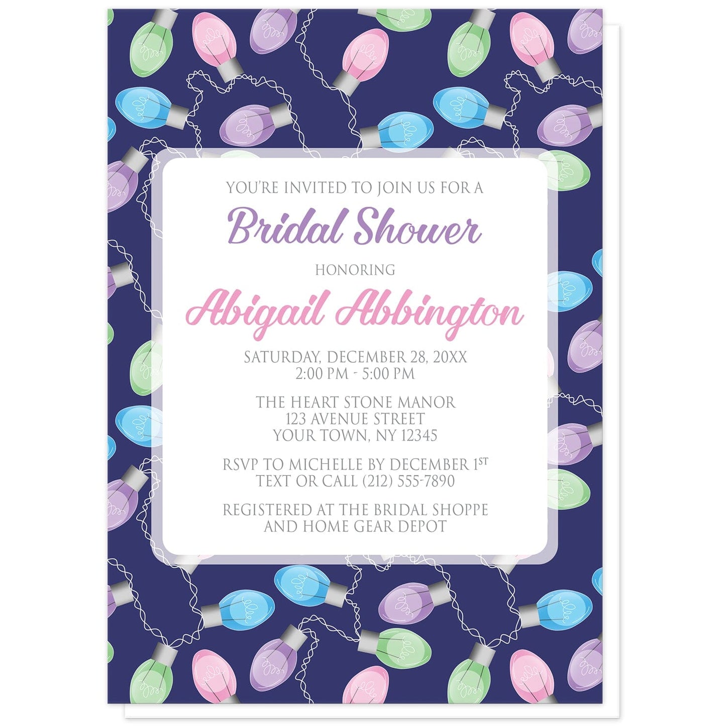 Holiday Lights Pattern Bridal Shower Invitations at Artistically Invited. Holiday lights pattern bridal shower invitations designed with your personalized celebration details arranged in purple, pink, and gray in a white square frame design over a background illustrated with a string of colorful holiday lights in a pattern over a navy blue color. The bulb colors on the string in the design are pink, purple, blue, and green.