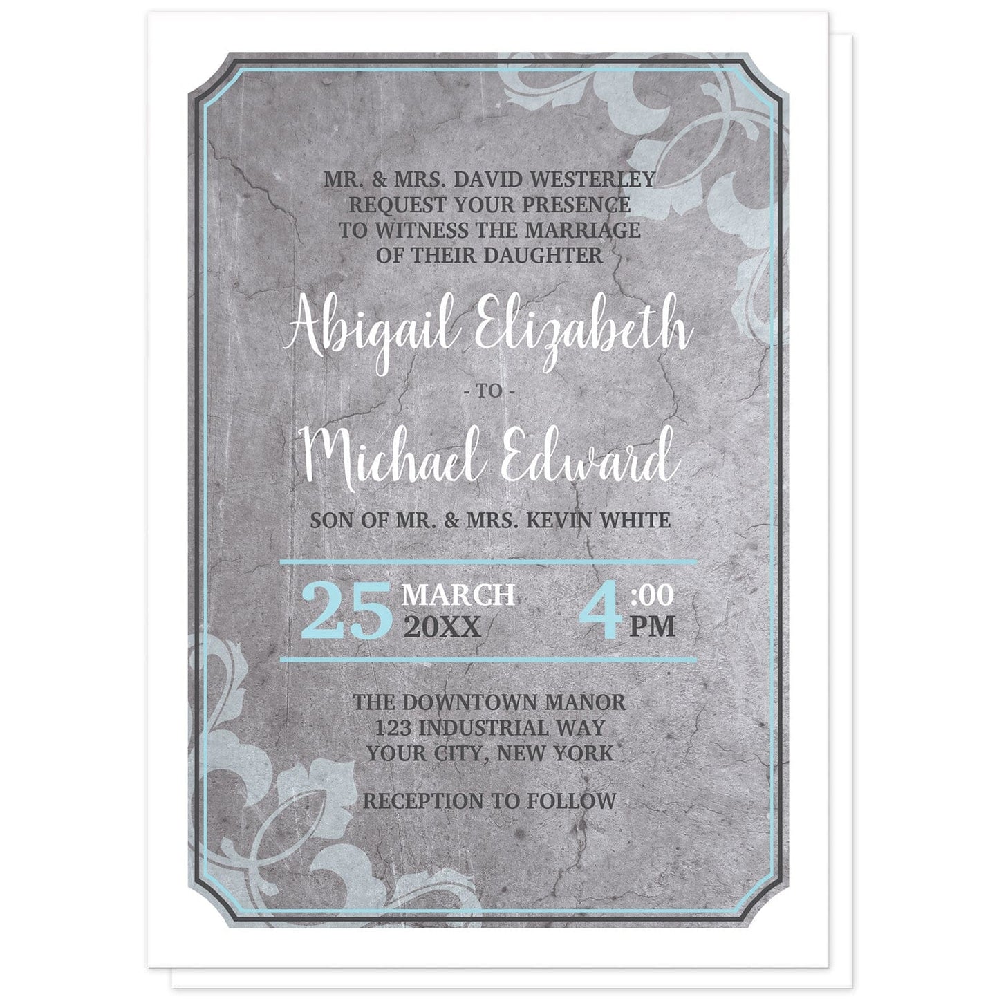 Industrial Aqua Gray Flourish Wedding Invitations at Artistically Invited. Invites with a gray concrete design with aqua blue, white, and dark gray typography over the concrete. They're framed with a thick white outer edge design. A light aqua flourish watermark overlays two opposing corners. The names are arranged in a white script font over the concrete design while the remaining details are printed in a white, aqua blue, and dark gray all-capital letters serif font.