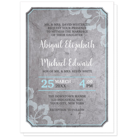 Industrial Aqua Gray Flourish Wedding Invitations at Artistically Invited. Invites with a gray concrete design with aqua blue, white, and dark gray typography over the concrete. They're framed with a thick white outer edge design. A light aqua flourish watermark overlays two opposing corners. The names are arranged in a white script font over the concrete design while the remaining details are printed in a white, aqua blue, and dark gray all-capital letters serif font.