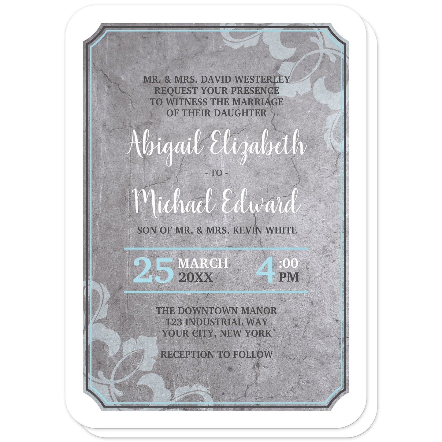 Industrial Aqua Gray Flourish Wedding Invitations (with rounded corners) at Artistically Invited. Invites with a gray concrete design with aqua blue, white, and dark gray typography over the concrete. They're framed with a thick white outer edge design. A light aqua flourish watermark overlays two opposing corners. The names are printed in a white script font over the concrete design while the remaining details are printed in a white, aqua blue, and dark gray all-capital letters serif font.
