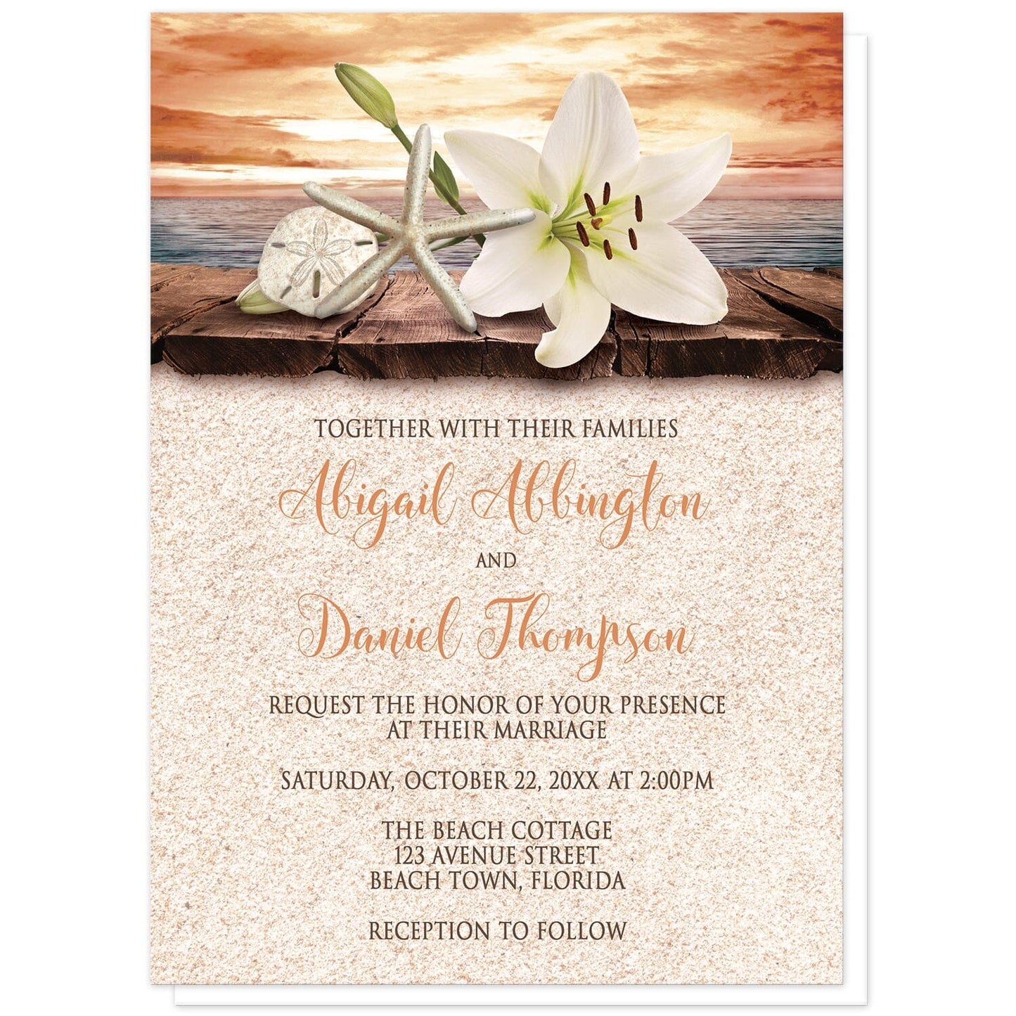 Lily Seashells and Sand Autumn Beach Wedding Invitations at Artistically Invited. Lily seashells and sand autumn beach wedding invitations with an elegant white lily, a starfish, and a sand dollar on a rustic wood dock overlooking the open water under a tropical orange sunset sky. Your personalized marriage celebration details are arranged in dark brown and orange over a beige sand texture background design.