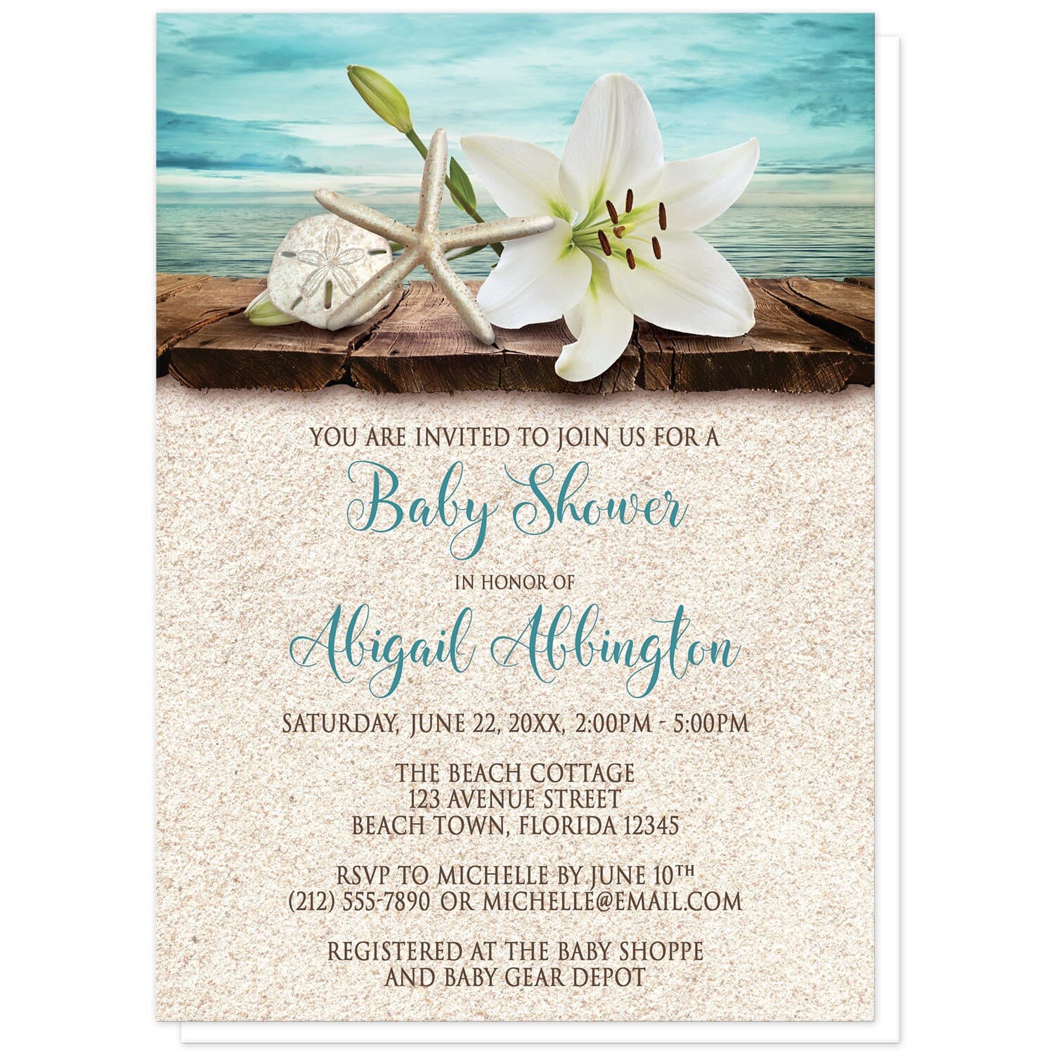 Lily Seashells and Sand Beach Baby Shower Invitations at Artistically Invited. Floral lily seashells and sand beach baby shower invitations with an elegant white lily, a starfish, and a sand dollar on a rustic wood dock overlooking the open water. Your personalized baby shower celebration details are arranged in dark brown and teal over a beige sand background design.