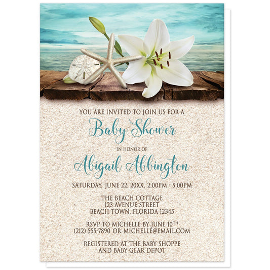 Lily Seashells and Sand Beach Baby Shower Invitations at Artistically Invited. Floral lily seashells and sand beach baby shower invitations with an elegant white lily, a starfish, and a sand dollar on a rustic wood dock overlooking the open water. Your personalized baby shower celebration details are arranged in dark brown and teal over a beige sand background design.