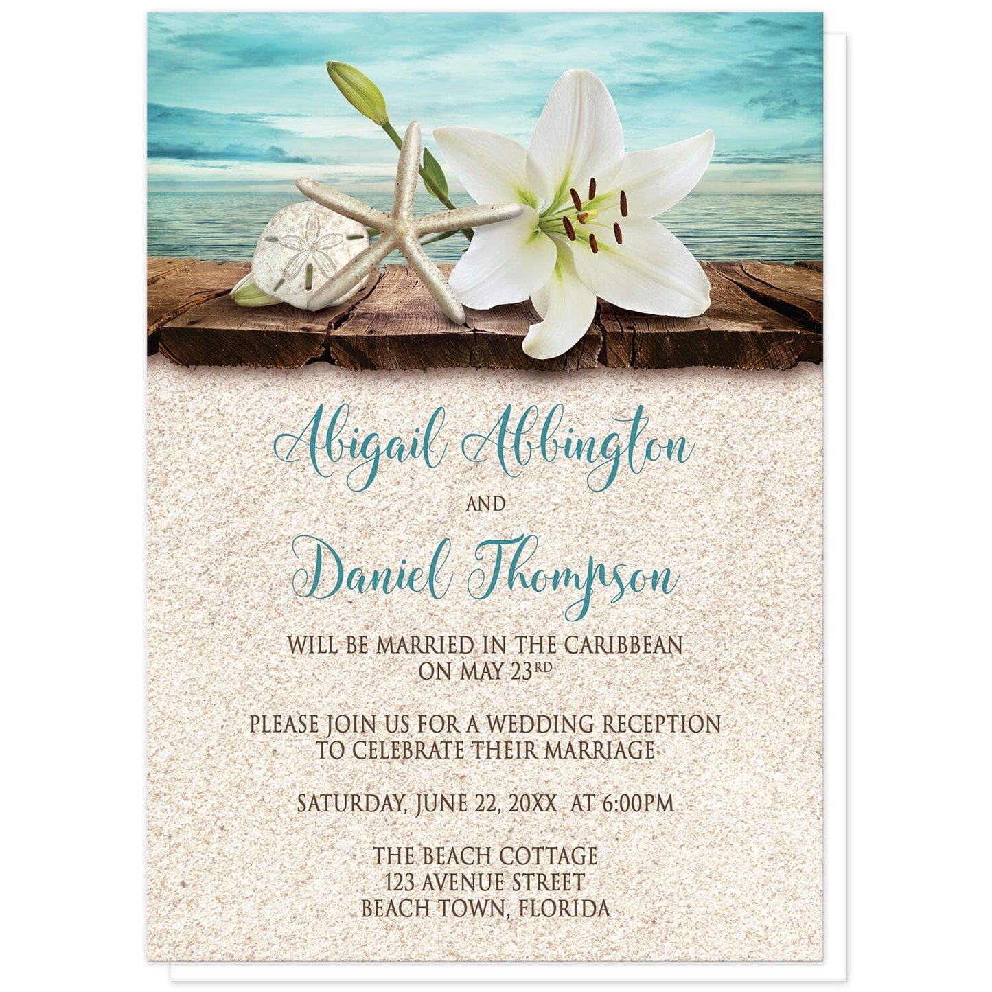 Lily Seashells and Sand Beach Reception Only Invitations at Artistically Invited. Tropical lily seashells and sand beach reception only invitations with an elegant white lily, a starfish, and a sand dollar on a rustic wood dock overlooking the open water. These tropical lily invitations are fully illustrated in a beach color scheme of teal and turquoise, beige, and brown. Your personalized post-wedding reception details are arranged in dark brown and teal over a beige sand texture background design.