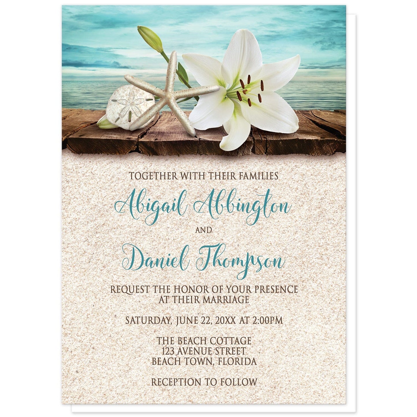 Lily Seashells and Sand Beach Wedding Invitations at Artistically Invited. Tropical lily seashells and sand beach wedding invitations with an elegant white lily, a starfish, and a sand dollar on a rustic wood dock overlooking the open water. These tropical lily invitations are fully illustrated in a beach color scheme of teal and turquoise, beige, and brown. Your personalized marriage celebration details are arranged in dark brown and teal over a beige sand texture background design.