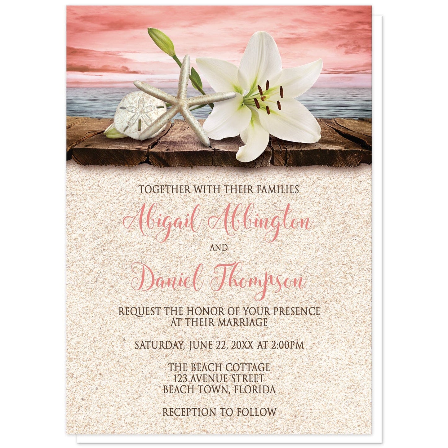 Lily Seashells and Sand Coral Beach Wedding Invitations at Artistically Invited. Tropical lily seashells and sand coral beach wedding invitations with an elegant white lily, a starfish, and a sand dollar on a rustic wood dock overlooking the open water under a coral sky. Your personalized marriage celebration details are arranged in dark brown and coral over a beige sand background design below the lily and seashells.