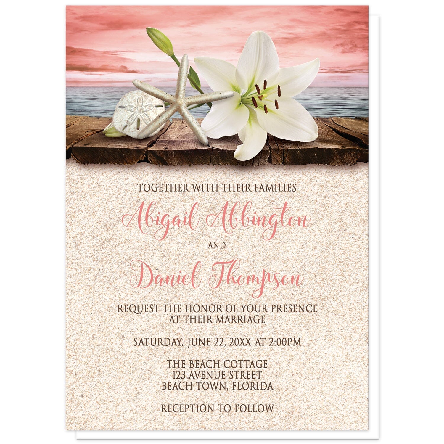 Lily Seashells and Sand Coral Beach Wedding Invitations at Artistically Invited. Tropical lily seashells and sand coral beach wedding invitations with an elegant white lily, a starfish, and a sand dollar on a rustic wood dock overlooking the open water under a coral sky. Your personalized marriage celebration details are arranged in dark brown and coral over a beige sand background design below the lily and seashells.