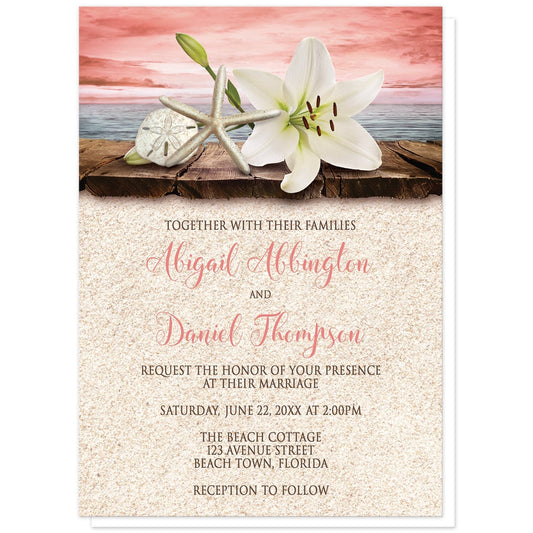 Lily Seashells and Sand Coral Beach Wedding Invitations at Artistically Invited. Tropical lily seashells and sand coral beach wedding invitations with an elegant white lily, a starfish, and a sand dollar on a rustic wood dock overlooking the open water under a coral sky. Your personalized marriage celebration details are arranged in dark brown and coral over a beige sand background design below the lily and seashells.