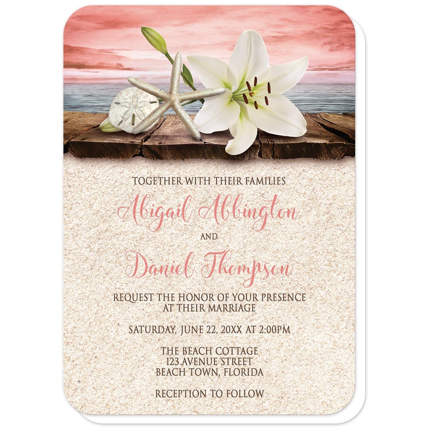 Lily Seashells and Sand Coral Beach Wedding Invitations (with rounded corners) at Artistically Invited. Tropical lily seashells and sand coral beach wedding invitations with an elegant white lily, a starfish, and a sand dollar on a rustic wood dock overlooking the open water under a coral sky. Your personalized marriage celebration details are custom printed in dark brown and coral over a beige sand background design below the lily and seashells.