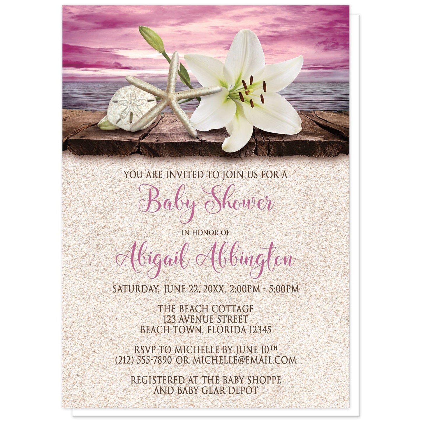 Lily Seashells and Sand Magenta Beach Baby Shower Invitations at Artistically Invited. Tropical lily seashells and sand magenta beach baby shower invitations with an elegant white lily, a starfish, and a sand dollar on a rustic wood dock overlooking the open water under a magenta sunset sky. Your personalized baby shower celebration details are arranged in dark brown and magenta over a beige sand background design.