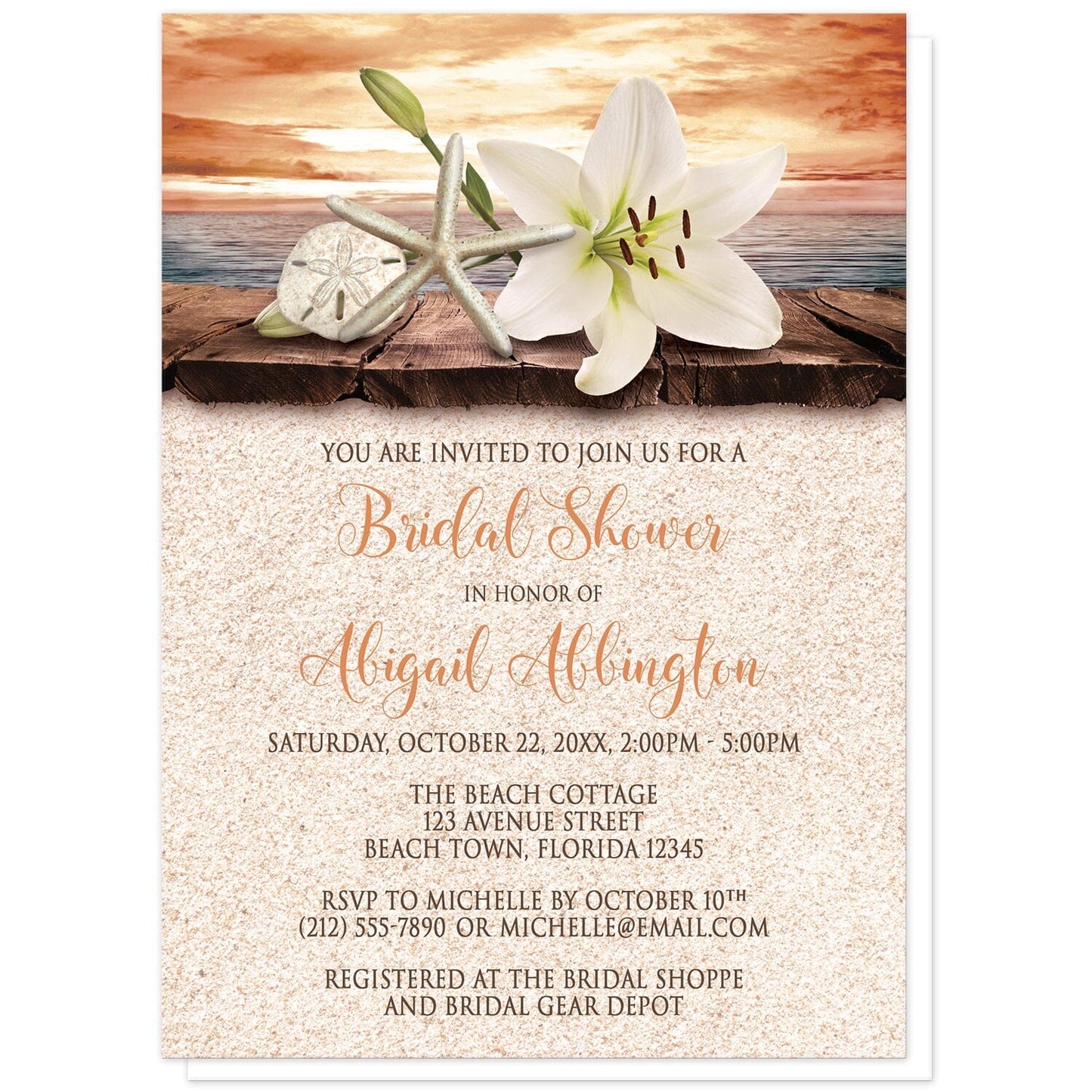 Lily Seashells and Sand Autumn Beach Bridal Shower Invitations at Artistically Invited. Lily seashells and sand autumn beach bridal shower invitations with an elegant white lily, a starfish, and a sand dollar on a rustic wood dock overlooking the open water under an orange sunset sky. Your personalized bridal shower celebration details are designed in dark brown and orange over a beige sand background design.
