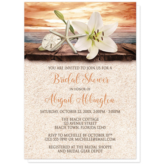 Lily Seashells and Sand Autumn Beach Bridal Shower Invitations at Artistically Invited. Lily seashells and sand autumn beach bridal shower invitations with an elegant white lily, a starfish, and a sand dollar on a rustic wood dock overlooking the open water under an orange sunset sky. Your personalized bridal shower celebration details are designed in dark brown and orange over a beige sand background design.