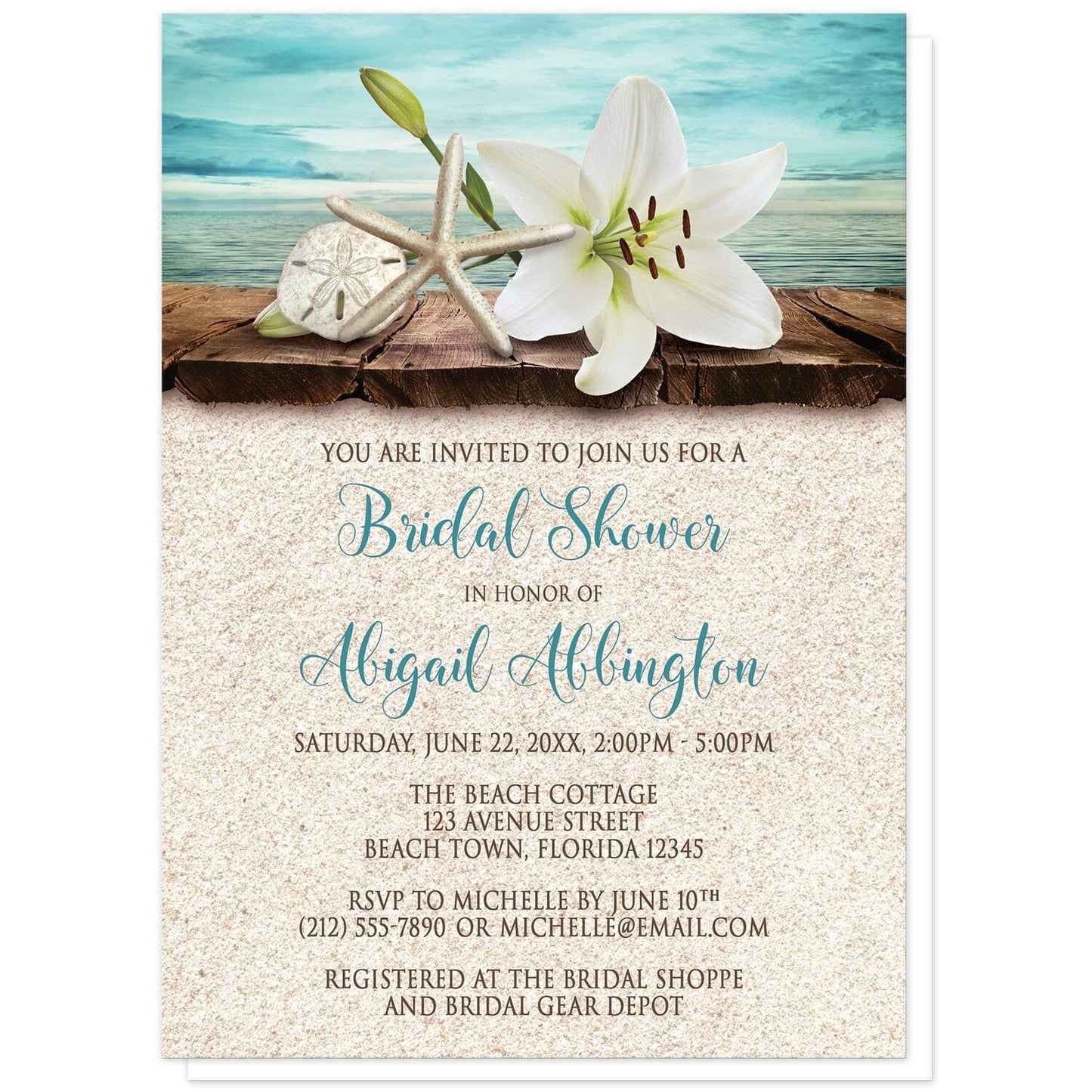 Lily Seashells and Sand Beach Bridal Shower Invitations at Artistically Invited. Floral lily seashells and sand beach bridal shower invitations with an elegant white lily, a starfish, and a sand dollar on a rustic wood dock overlooking the open water. Your personalized bridal shower celebration details are arranged in dark brown and teal over a beige sand background design.