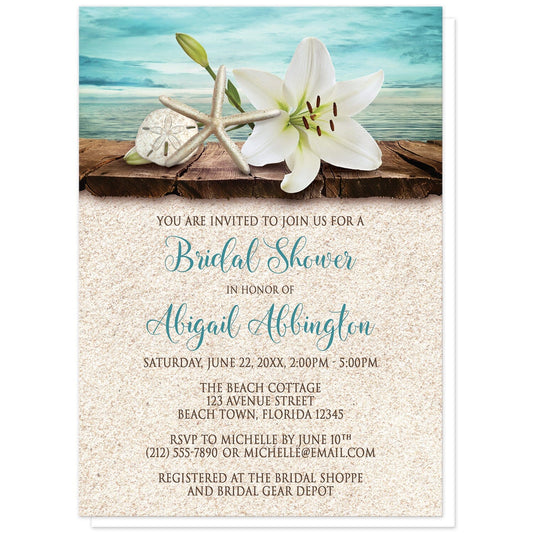 Lily Seashells and Sand Beach Bridal Shower Invitations at Artistically Invited. Floral lily seashells and sand beach bridal shower invitations with an elegant white lily, a starfish, and a sand dollar on a rustic wood dock overlooking the open water. Your personalized bridal shower celebration details are arranged in dark brown and teal over a beige sand background design.