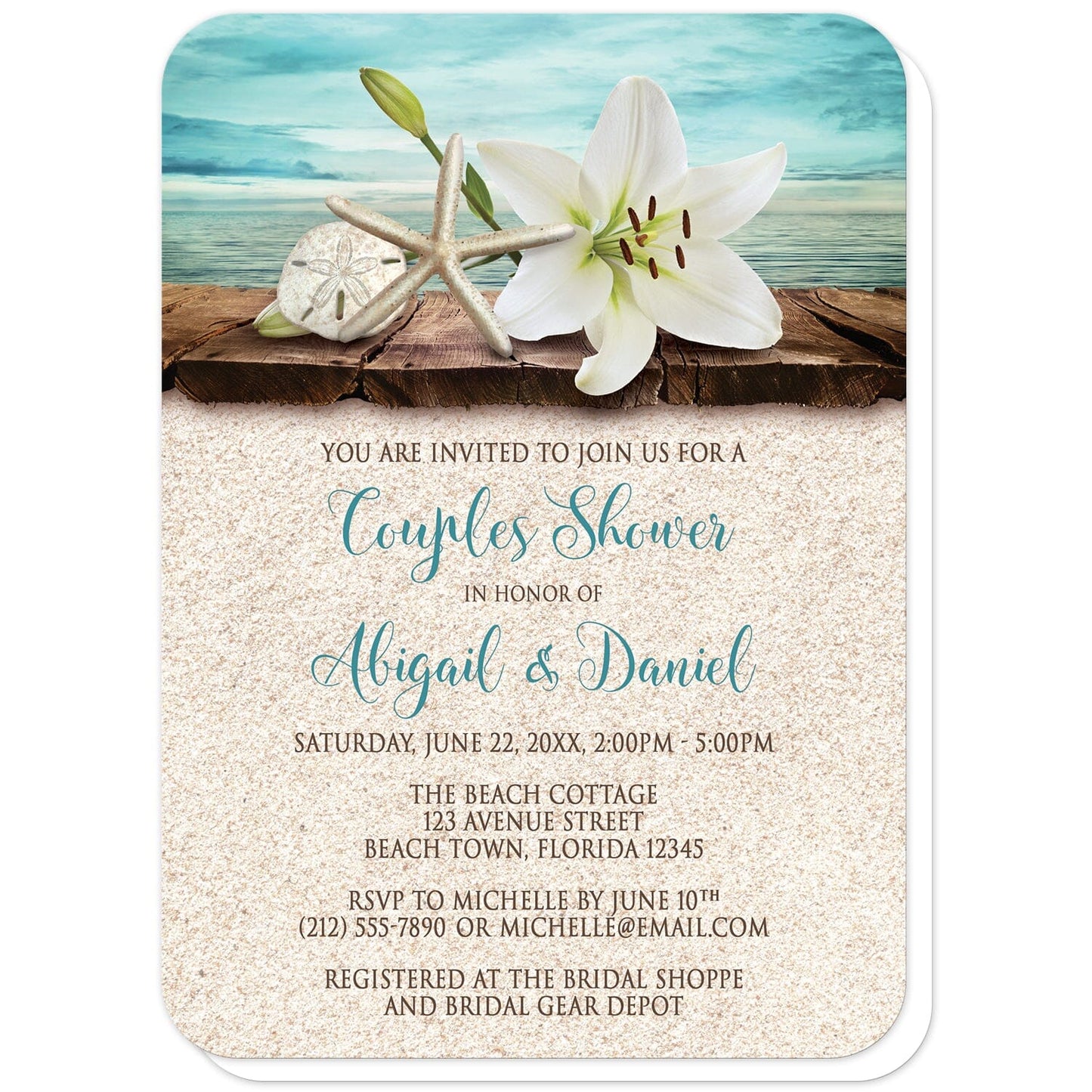 Lily Seashells and Sand Beach Couples Shower Invitations (with rounded corners) at Artistically Invited. Floral lily seashells and sand beach couples shower invitations with an elegant white lily, a starfish, and a sand dollar on a rustic wood dock overlooking the open water. Your personalized couples shower celebration details are custom printed in dark brown and teal over a beige sand background design.