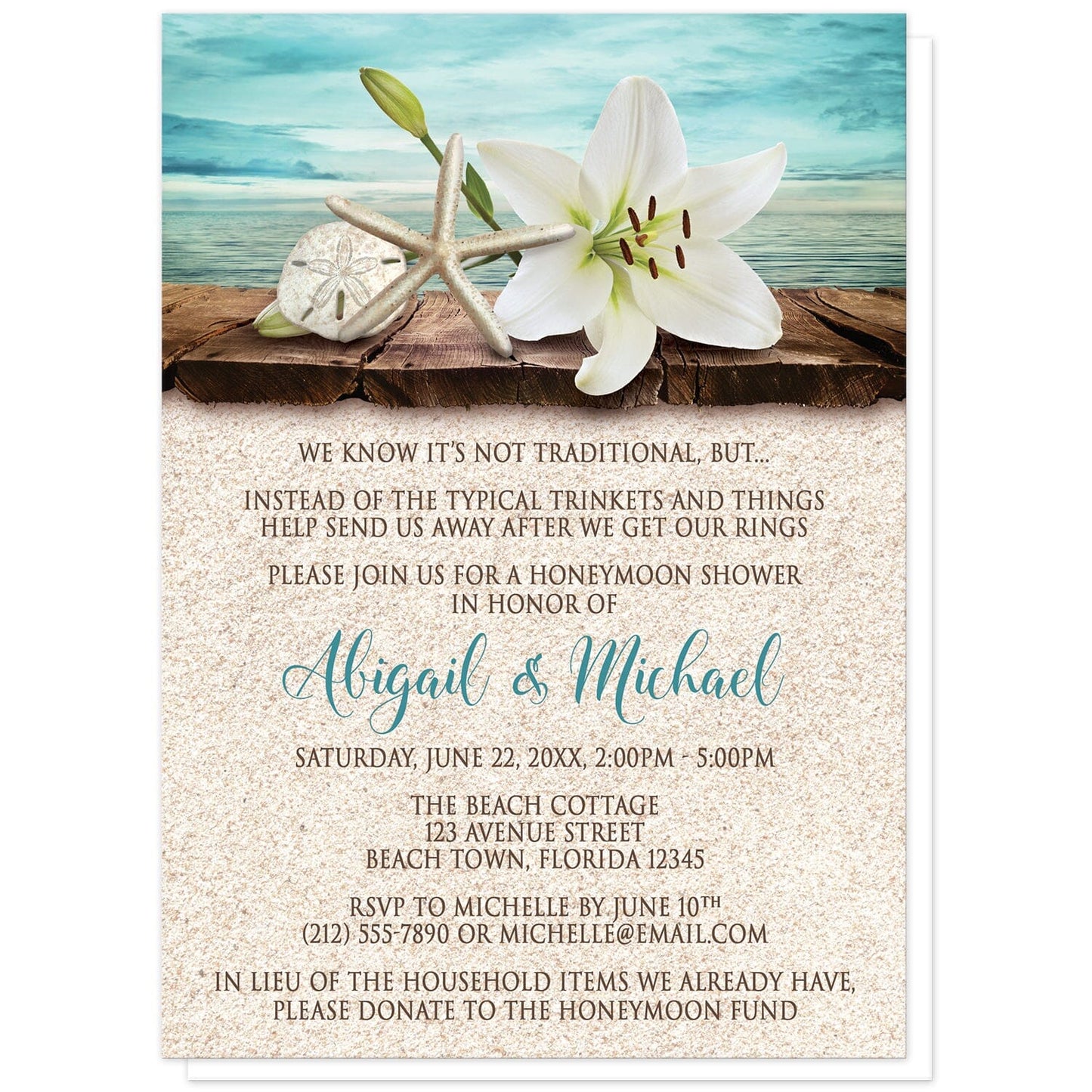 Lily Seashells and Sand Beach Honeymoon Shower Invitations at Artistically Invited. Floral lily seashells and sand beach honeymoon shower invitations with an elegant white lily, a starfish, and a sand dollar on a rustic wood dock overlooking the open water. Your personalized honeymoon shower celebration details are arranged in dark brown and teal over a beige sand background design.