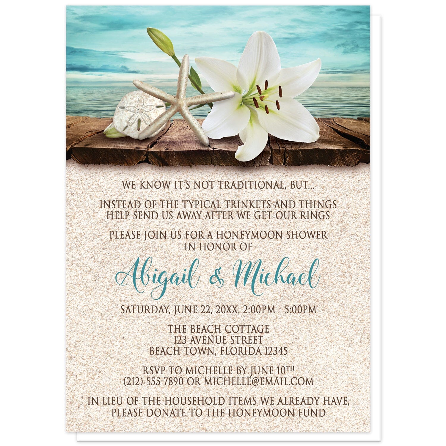 Lily Seashells and Sand Beach Honeymoon Shower Invitations at Artistically Invited. Floral lily seashells and sand beach honeymoon shower invitations with an elegant white lily, a starfish, and a sand dollar on a rustic wood dock overlooking the open water. Your personalized honeymoon shower celebration details are arranged in dark brown and teal over a beige sand background design.
