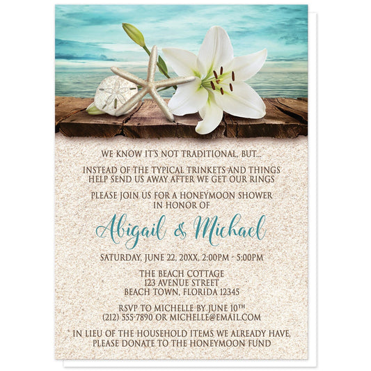 Lily Seashells and Sand Beach Honeymoon Shower Invitations at Artistically Invited. Floral lily seashells and sand beach honeymoon shower invitations with an elegant white lily, a starfish, and a sand dollar on a rustic wood dock overlooking the open water. Your personalized honeymoon shower celebration details are arranged in dark brown and teal over a beige sand background design.