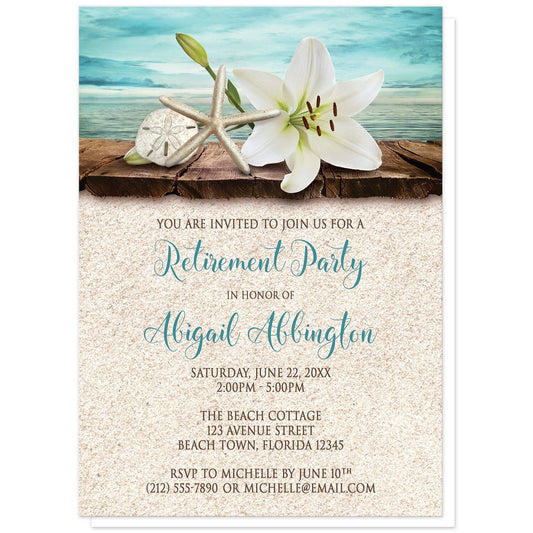 Lily Seashells and Sand Beach Retirement Invitations at Artistically Invited. Floral lily seashells and sand beach retirement invitations with an elegant white lily, a starfish, and a sand dollar on a rustic wood dock overlooking the open water. These tropical lily invitations are fully illustrated in a beach color scheme of teal and turquoise, beige, and brown. Your personalized retirement party details are arranged in dark brown and teal over a beige sand texture background design.
