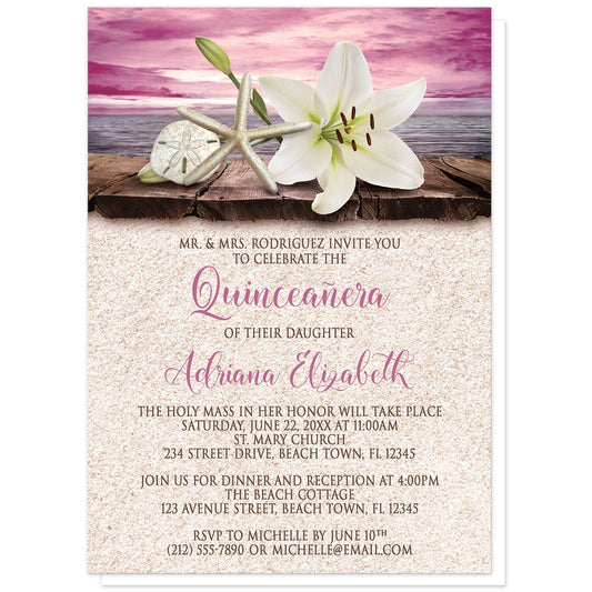 Lily Seashells and Sand Magenta Beach Quinceañera Invitations at Artistically Invited. Tropical lily seashells and sand magenta beach Quinceañera invitations with an elegant white lily, a starfish, and a sand dollar on a rustic wood dock overlooking the open water under a magenta sunset sky. Your personalized 15th birthday celebration details are arranged in dark brown and magenta over a beige sand texture background.