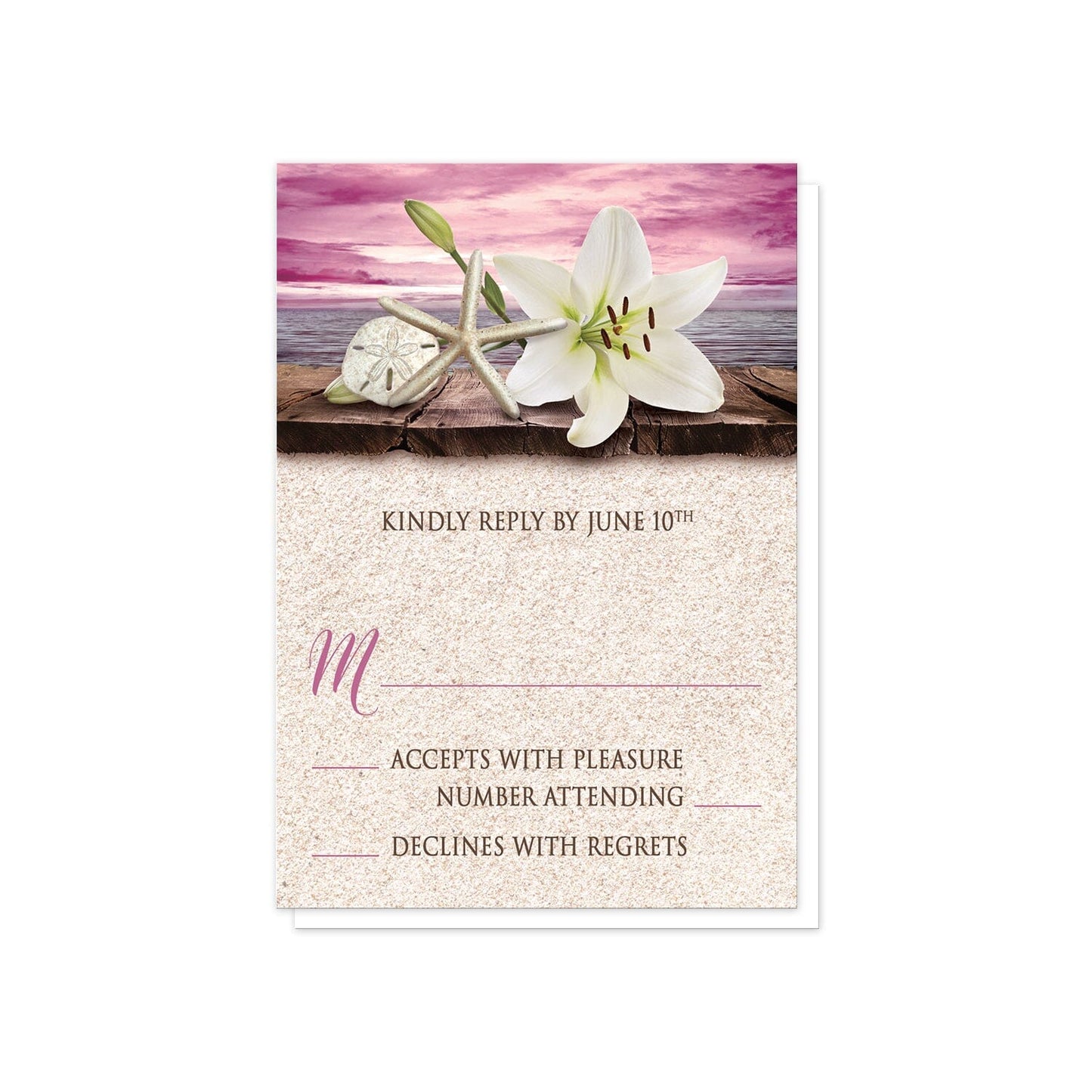 Lily Seashells and Sand Magenta Beach RSVP Cards at Artistically Invited.