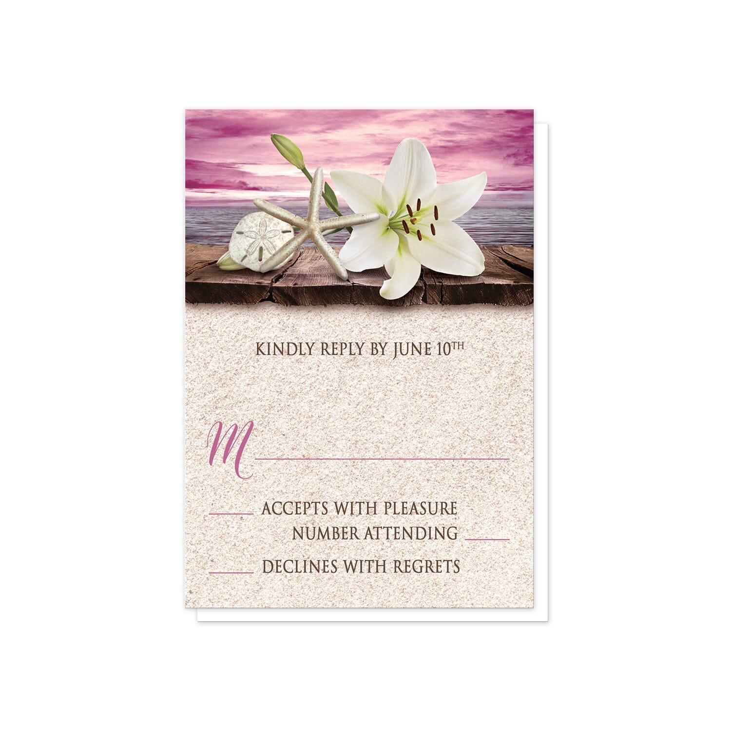 Lily Seashells and Sand Magenta Beach RSVP Cards at Artistically Invited.