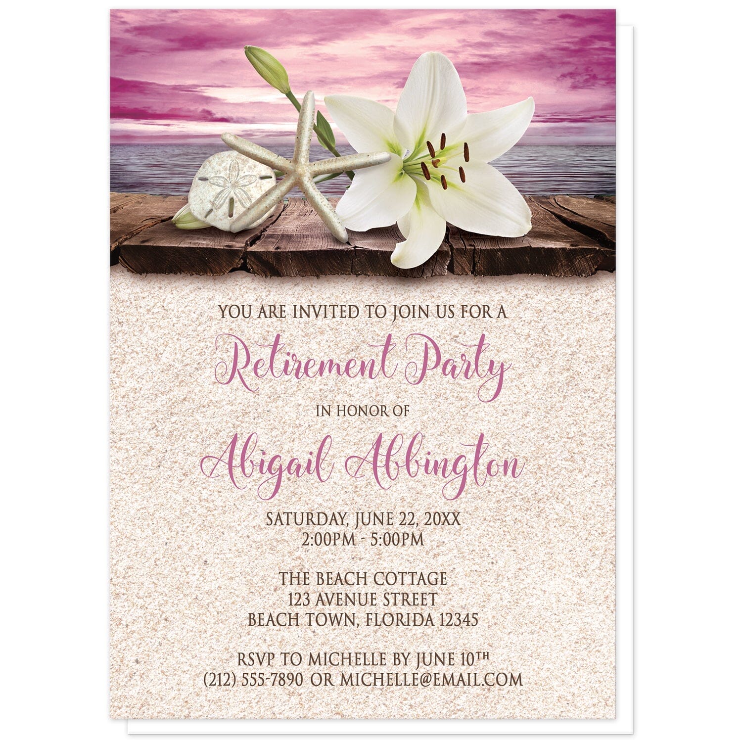 Lily Seashells and Sand Magenta Beach Retirement Invitations at Artistically Invited. Tropical lily seashells and sand magenta beach retirement invitations with an elegant white lily, a starfish, and a sand dollar on a rustic wood dock overlooking the open water under a magenta sunset sky. Your personalized retirement party details are custom printed in dark brown and magenta over a beige sand background design. 