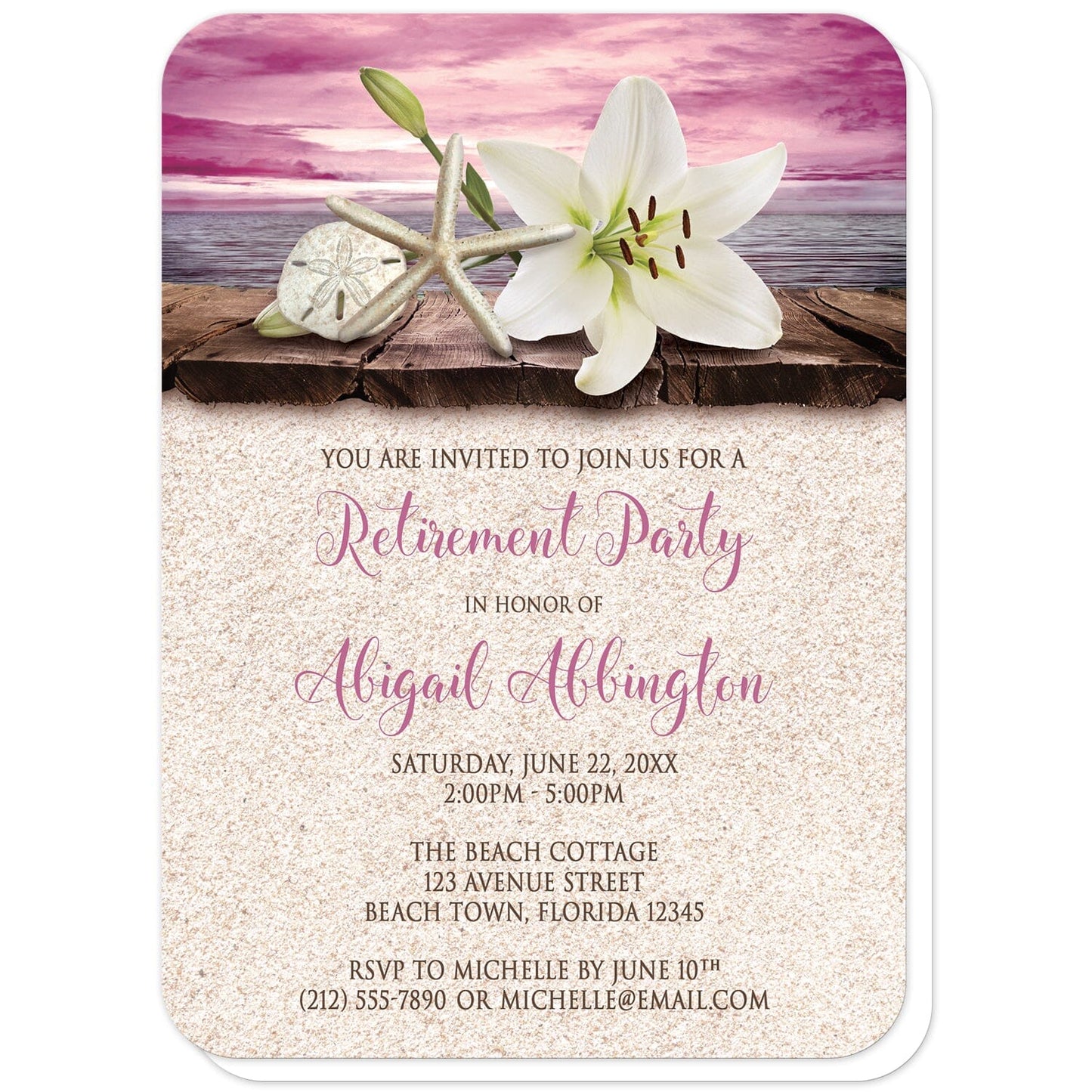 Lily Seashells and Sand Magenta Beach Retirement Invitations (with rounded corners) at Artistically Invited. Tropical lily seashells and sand magenta beach retirement invitations with an elegant white lily, a starfish, and a sand dollar on a rustic wood dock overlooking the open water under a magenta sunset sky. Your personalized retirement party details are custom printed in dark brown and magenta over a beige sand background design.