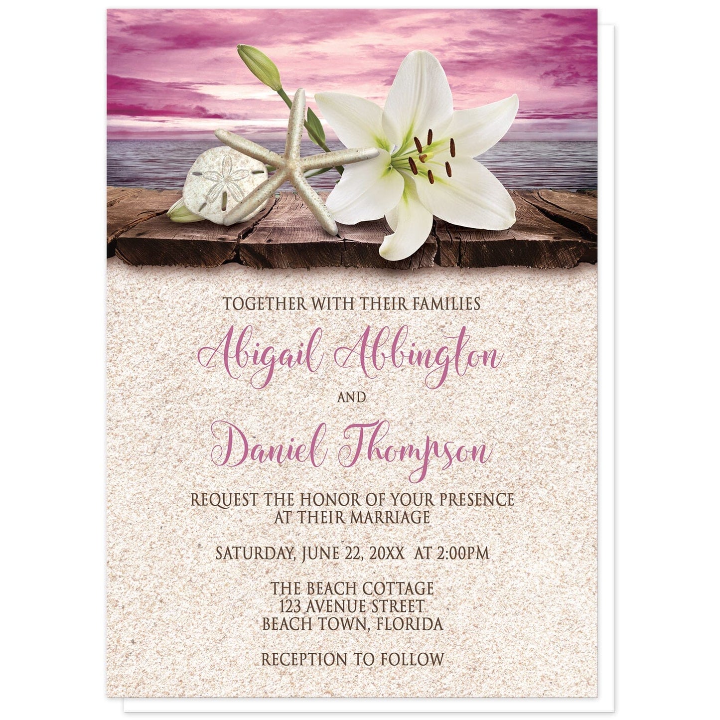 Lily Seashells and Sand Magenta Beach Wedding Invitations at Artistically Invited. Tropical lily seashells and sand magenta beach wedding invitations with an elegant white lily, a starfish, and a sand dollar on a rustic wood dock overlooking the open water under a magenta sunset sky. Your personalized marriage celebration details are arranged in dark brown and magenta over a beige sand background design.
