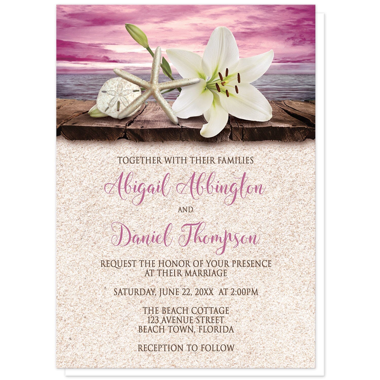 Lily Seashells and Sand Magenta Beach Wedding Invitations at Artistically Invited. Tropical lily seashells and sand magenta beach wedding invitations with an elegant white lily, a starfish, and a sand dollar on a rustic wood dock overlooking the open water under a magenta sunset sky. Your personalized marriage celebration details are custom printed in dark brown and magenta over a beige sand background design.