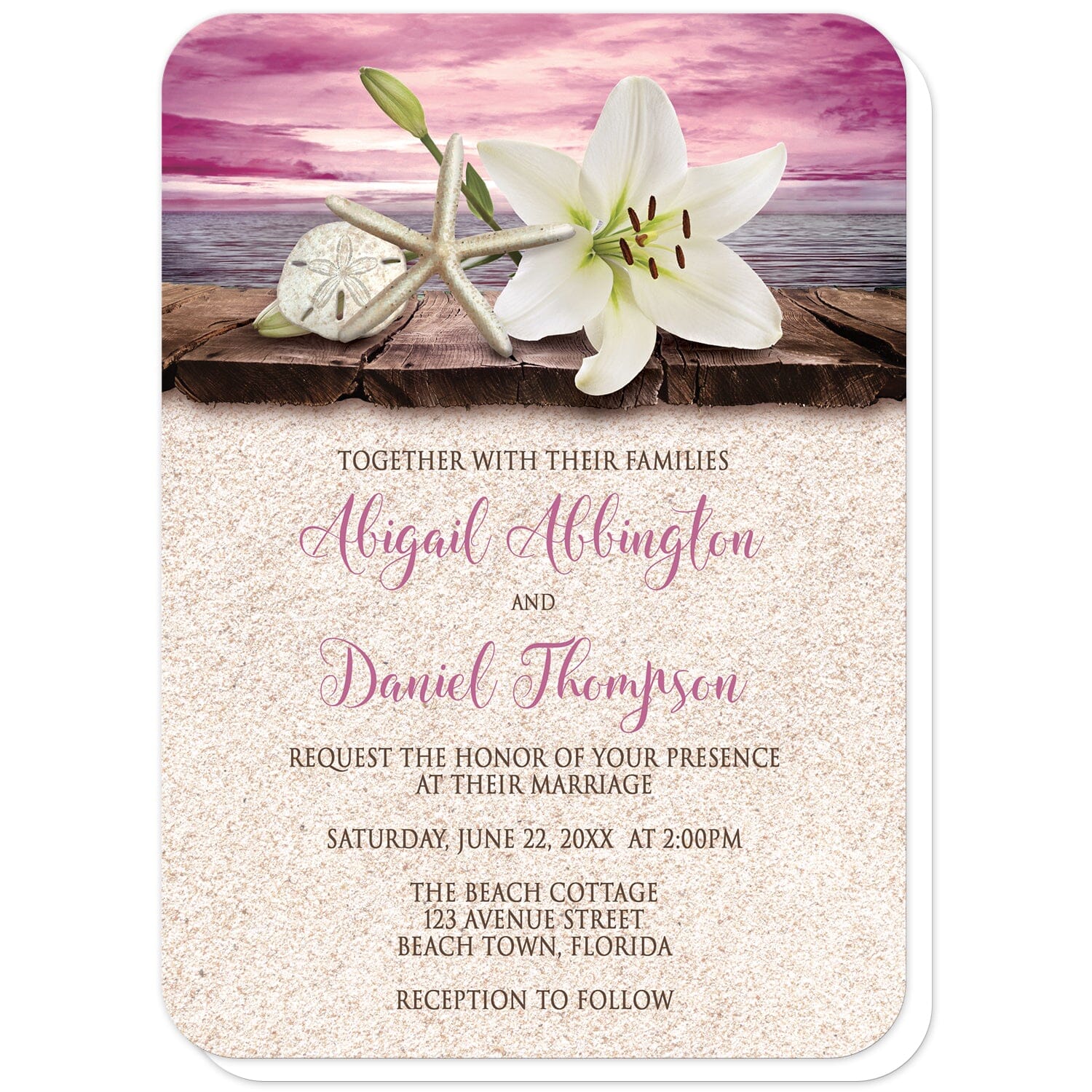 Lily Seashells and Sand Magenta Beach Wedding Invitations (with rounded corners) at Artistically Invited. Tropical lily seashells and sand magenta beach wedding invitations with an elegant white lily, a starfish, and a sand dollar on a rustic wood dock overlooking the open water under a magenta sunset sky. Your personalized marriage celebration details are custom printed in dark brown and magenta over a beige sand background design.