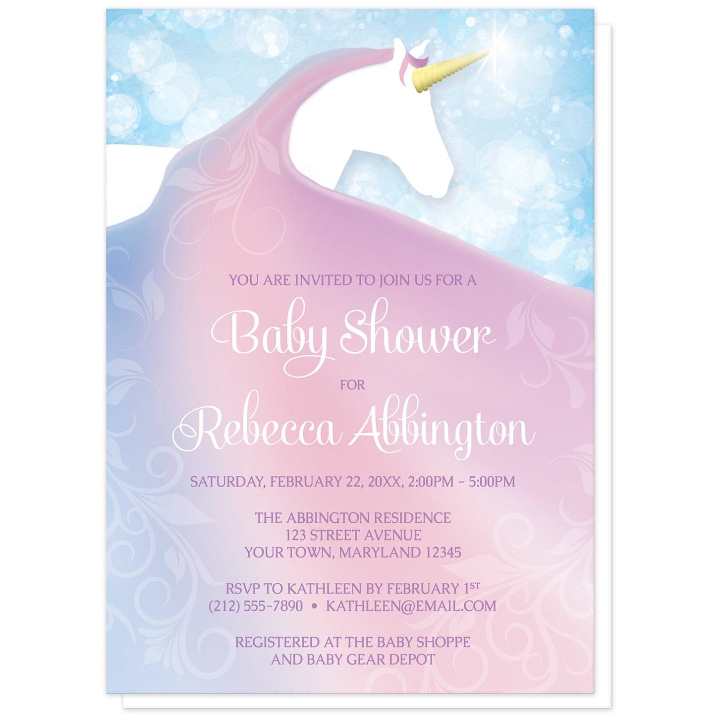 Magical Fairy-tale Unicorn Baby Shower Invitations at Artistically Invited. Uniquely illustrated magical fairy-tale unicorn baby shower invitations with a white silhouette unicorn with a golden horn and a long flowing mane in a pink, blue, and purple gradient design. The personalized information you provide for your baby shower celebration details will be arranged in white and light purple over the colorful unicorn mane. Behind the unicorn is a magical blue bokeh background design.