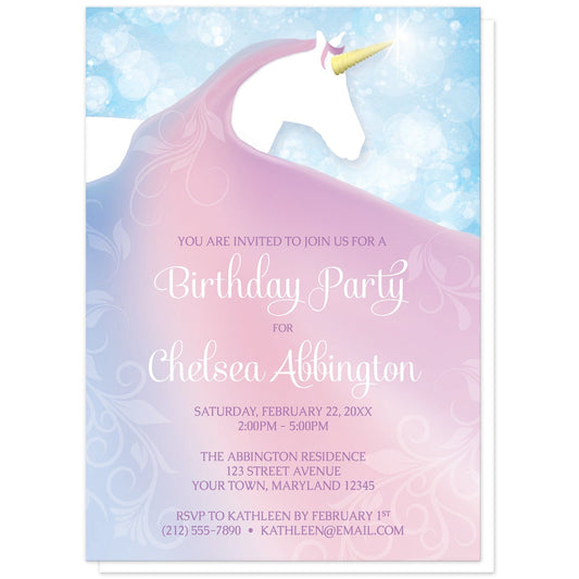 Magical Fairy-tale Unicorn Birthday Party Invitations at Artistically Invited. Uniquely illustrated magical fairy-tale unicorn birthday party invitations with a white silhouette unicorn with a golden horn and a long flowing mane in a pink, blue, and purple gradient design. The personalized information you provide for your birthday party details will be arranged in white and light purple over the colorful unicorn mane. Behind the unicorn is a magical blue bokeh background design.