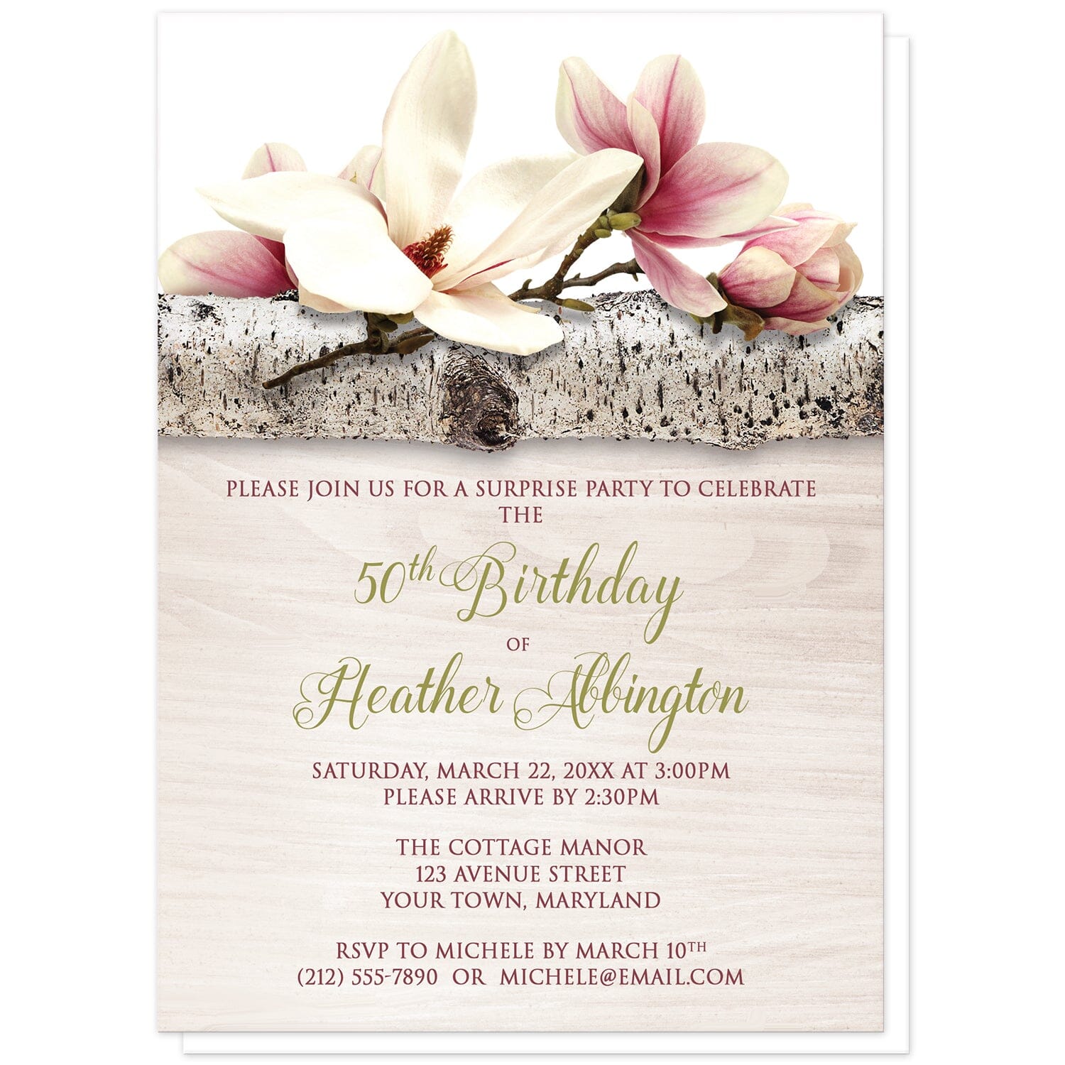 Magnolia Birch Light Wood Floral Birthday Invitations at Artistically Invited. Beautiful magnolia birch light wood floral birthday invitations with pink and white magnolia flowers laying on a birch tree branch along the top. Your personalized birthday party details are arranged in dark pink and light olive green over a light wood background illustration.