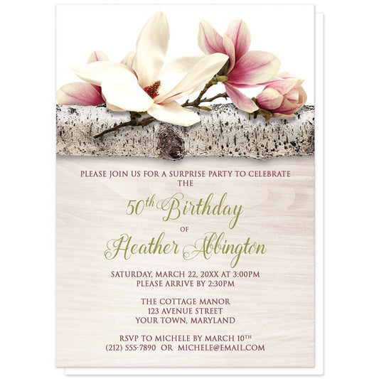 Magnolia Birch Light Wood Floral Birthday Invitations at Artistically Invited. Beautiful magnolia birch light wood floral birthday invitations with pink and white magnolia flowers laying on a birch tree branch along the top. Your personalized birthday party details are arranged in dark pink and light olive green over a light wood background illustration.