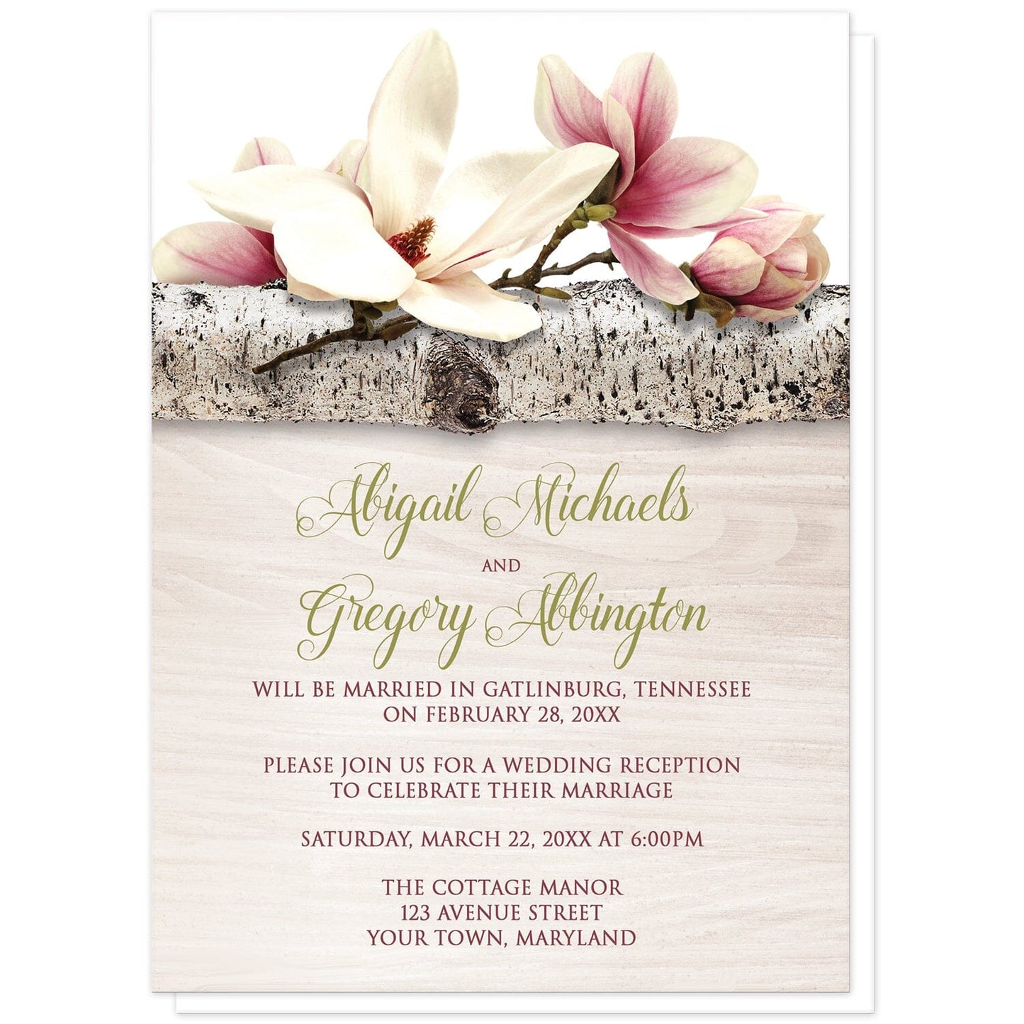 Magnolia Birch Light Wood Floral Reception Only Invitations at Artistically Invited. Beautiful magnolia birch light wood floral reception only invitations with pink and white magnolia flowers laying on a birch tree branch along the top. Your personalized post-wedding reception details are arranged in dark pink and light olive green over a light wood background illustration.