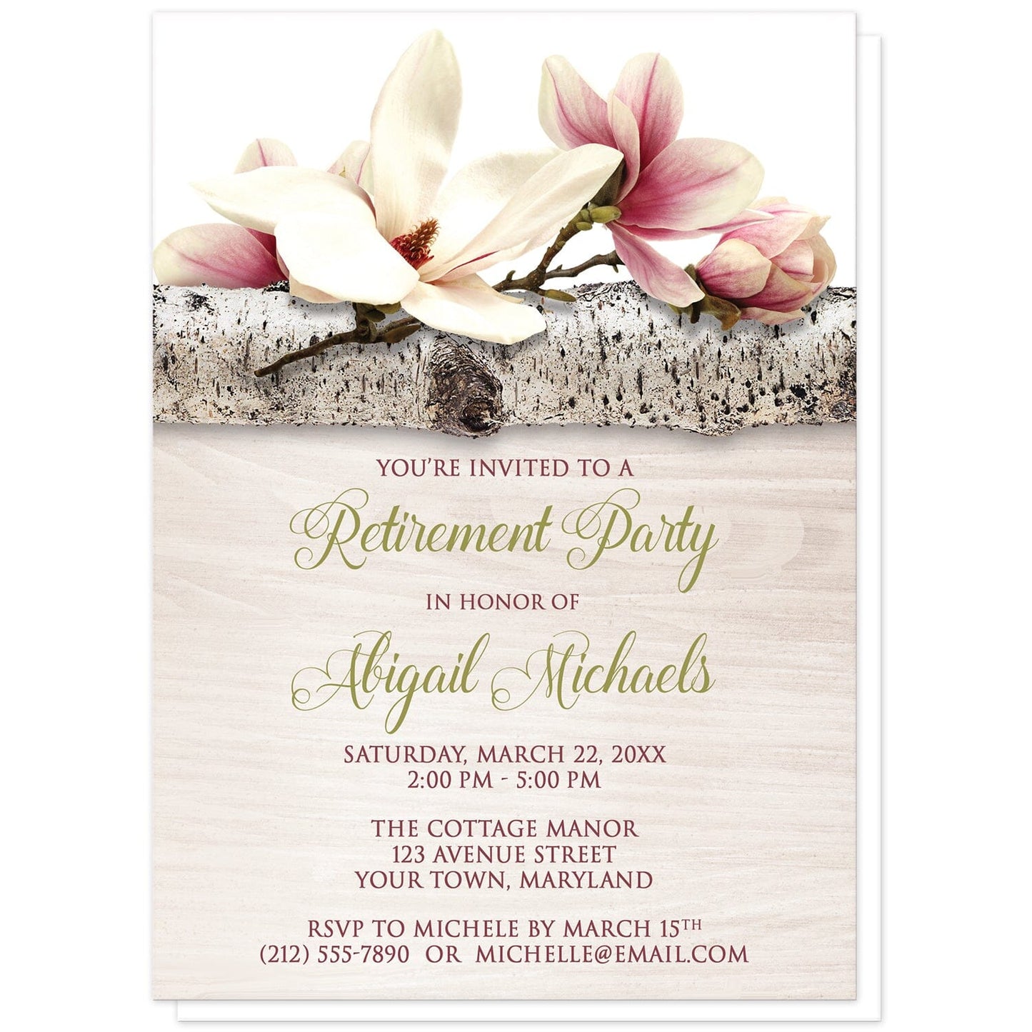 Magnolia Birch Light Wood Floral Retirement Invitations at Artistically Invited. Beautiful magnolia birch light wood floral retirement invitations with pink and white magnolia flowers laying on a birch tree branch along the top. Your personalized retirement party details are arranged in dark pink and light olive green over a light wood background illustration.
