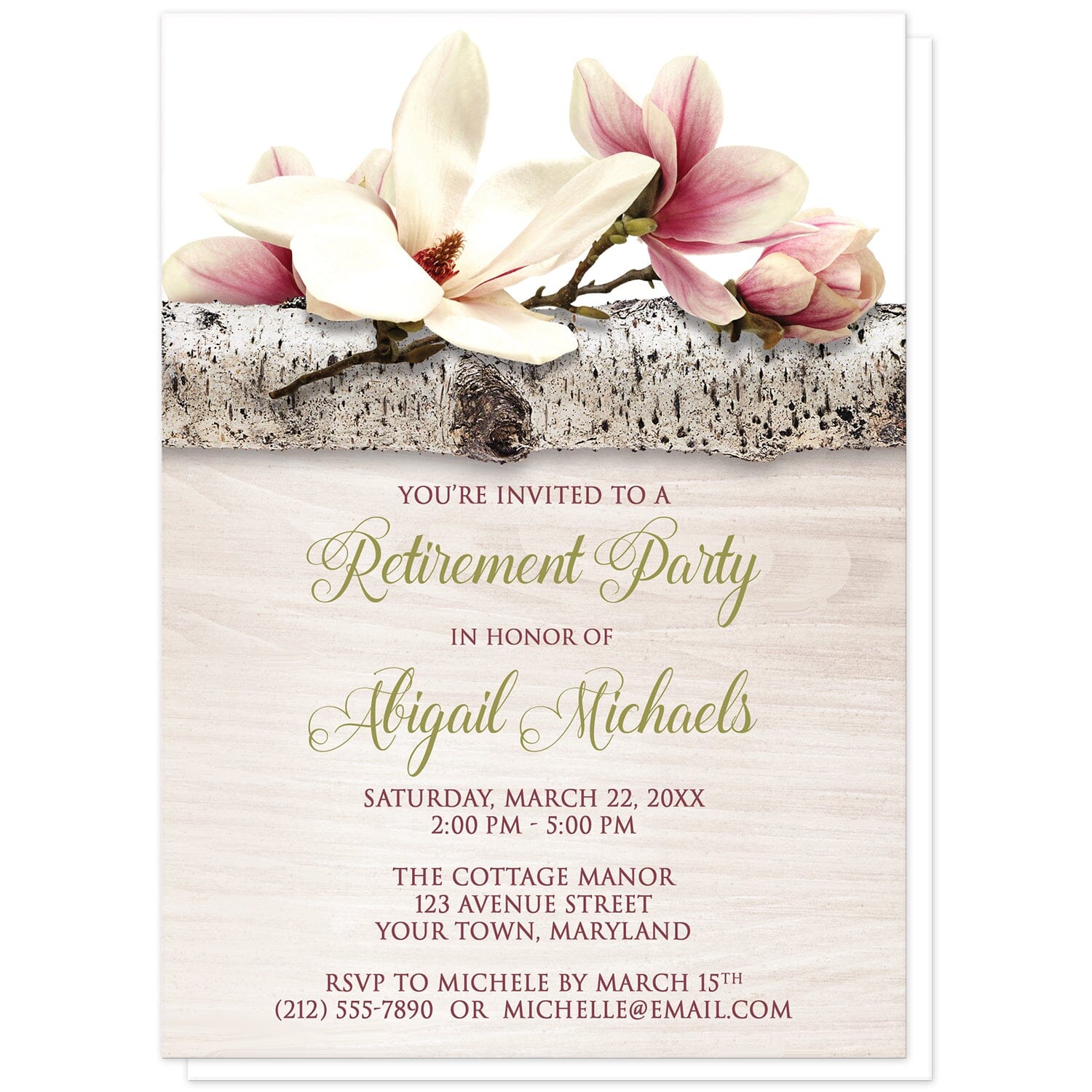 Magnolia Birch Light Wood Floral Retirement Invitations at Artistically Invited. Beautiful magnolia birch light wood floral retirement invitations with pink and white magnolia flowers laying on a birch tree branch along the top. Your personalized retirement party details are arranged in dark pink and light olive green over a light wood background illustration.
