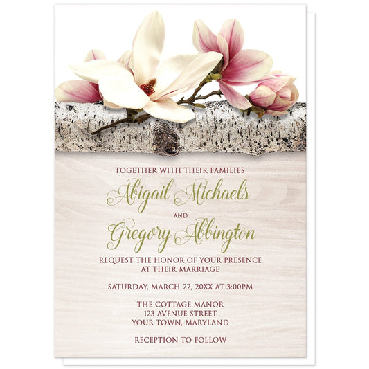 Magnolia Birch Light Wood Floral Wedding Invitations at Artistically Invited. Beautiful magnolia birch light wood floral wedding invitations with pink and white magnolia flowers laying on a birch tree branch along the top. Your personalized marriage celebration details are arranged in dark pink and light olive green over a light wood background illustration.