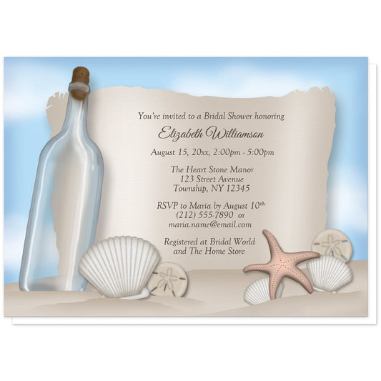 Message from a Bottle Beach Bridal Shower Invitations at Artistically Invited. Message from a bottle beach bridal shower invitations with an "on the beach" and "message from a bottle" theme. They're designed with an illustrated empty glass bottle, a paper message area, beige sand, a blue sky, and assorted seashells. Your personalized bridal shower celebration details are arranged in brown over the paper illustration.