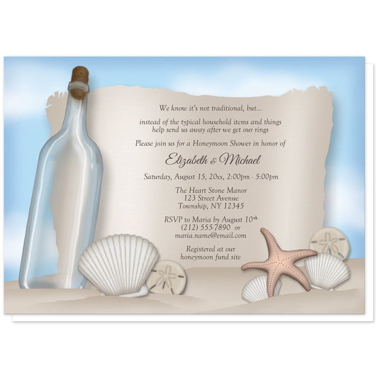 Message from a Bottle Beach Honeymoon Shower Invitations at Artistically Invited. Message from a bottle beach honeymoon shower invitations with an "on the beach" and "message from a bottle" theme. They're designed with an illustrated empty glass bottle, a paper message area, beige sand, a blue sky, and assorted seashells. Your personalized honeymoon shower celebration details are arranged in brown over the paper illustration.