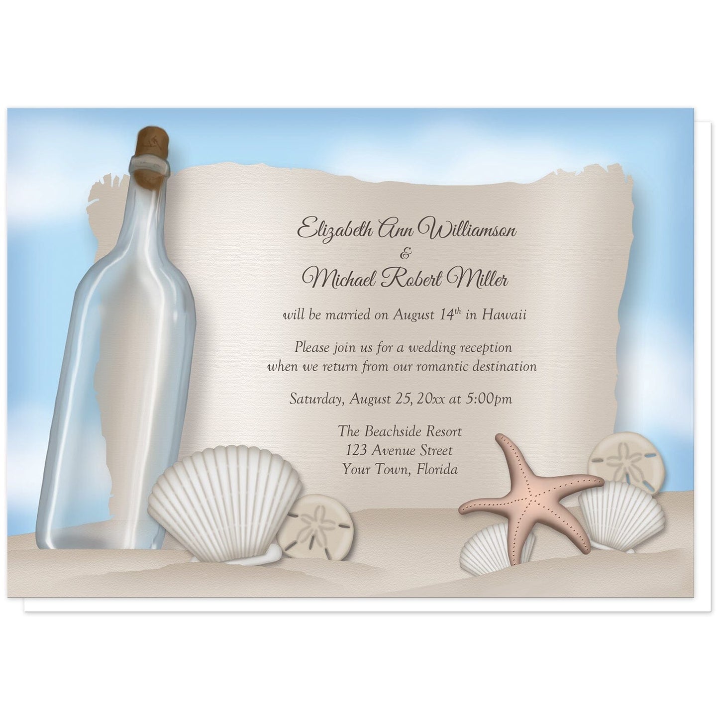 Message from a Bottle Beach Reception Only Invitations at Artistically Invited. Message from a bottle beach reception only invitations with an "on the beach" and "message from a bottle" theme. They're designed with an illustrated empty glass bottle, a paper message area, beige sand, a blue sky, and assorted seashells. Your personalized post-wedding reception celebration details are arranged in brown over the paper illustration.