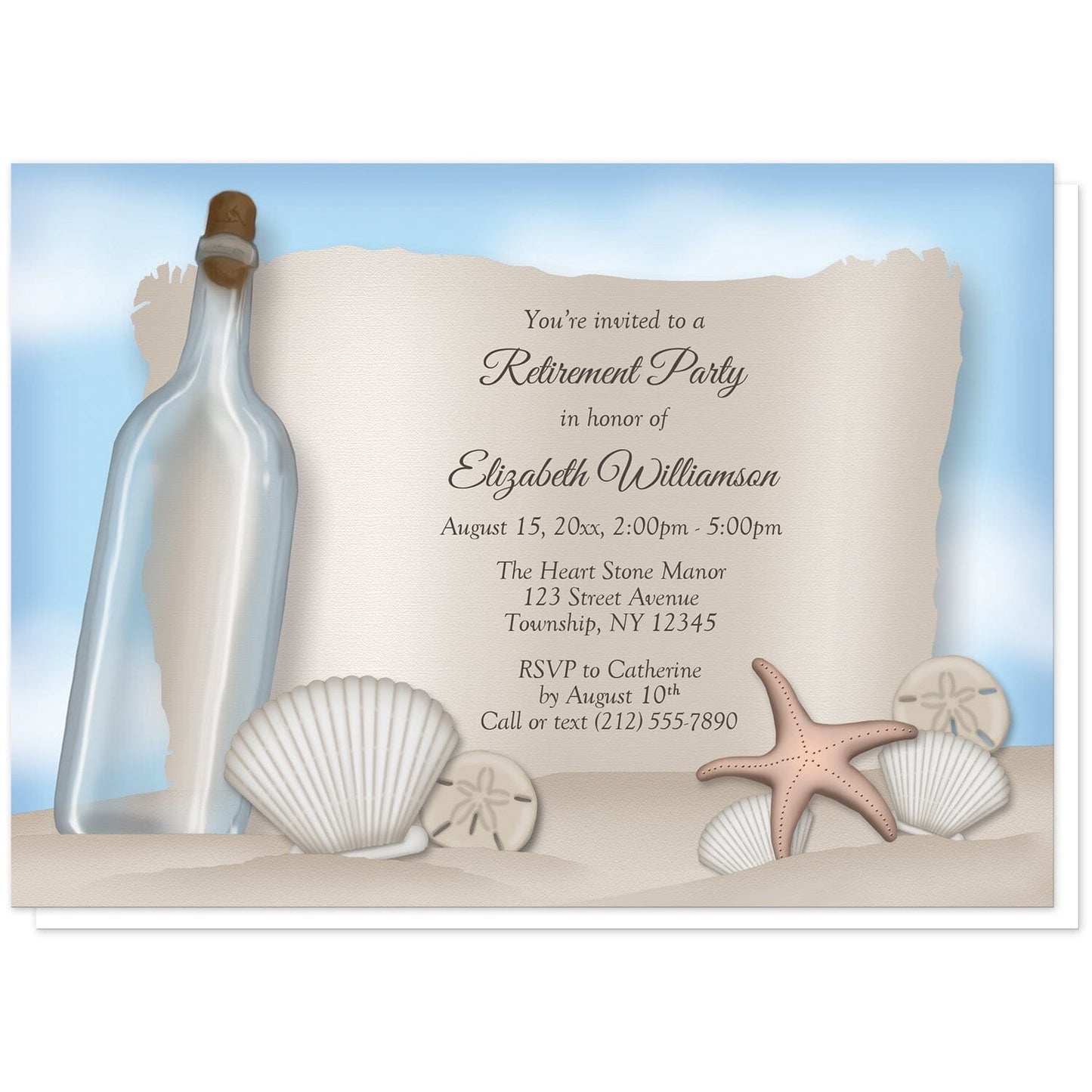 Message from a Bottle Beach Retirement Invitations at Artistically Invited. Message from a bottle beach retirement invitations with an "on the beach" and "message from a bottle" theme. They're designed with an illustrated empty glass bottle, a paper message area, beige sand, a blue sky, and assorted seashells. Your personalized retirement party details are arranged in brown over the paper illustration.
