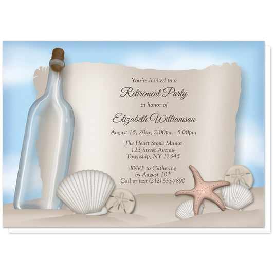 Message from a Bottle Beach Retirement Invitations at Artistically Invited. Message from a bottle beach retirement invitations with an "on the beach" and "message from a bottle" theme. They're designed with an illustrated empty glass bottle, a paper message area, beige sand, a blue sky, and assorted seashells. Your personalized retirement party details are arranged in brown over the paper illustration.